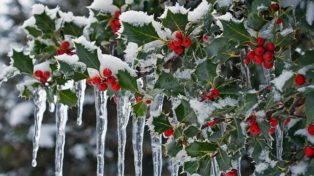 Snowy holly bush with icicles