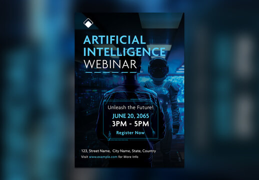 Editable Artificial Intelligence Webinar Flyer Template &ndash; Futuristic AI Event Poster Design in Blue Tech Theme