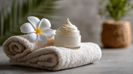 White moisturising cream jar on rolled towel with tropical flower for clean beauty skincare wellness and influencer lifestyle photos