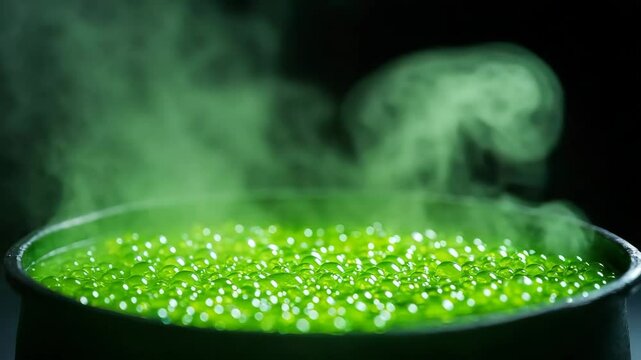 halloween concept. A bubbling cauldron filled with bright green liquid emits thick, mysterious steam.