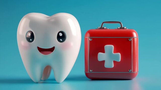 Happy tooth character with shiny surface smiling face next to red first aid kit with white cross symbol on blue background dental care health medical smile happy red white blue background