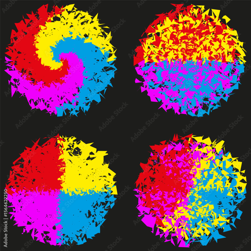 Poster multicolor spiral set. grunge texture swirls. vector rotation collection. distressed pattern design.