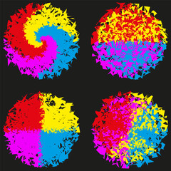 Multicolor spiral set. Grunge texture swirls. Vector rotation collection. Distressed pattern design.