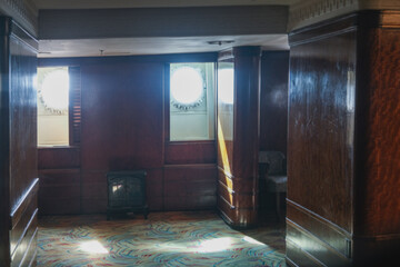 Corridor or aisle to cabins, staterooms or suites on historic old Art Deco interiors design luxury...