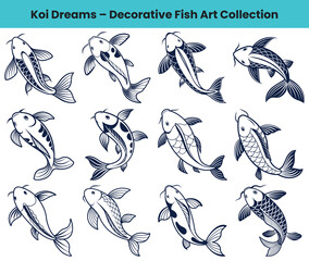Naklejka premium Decorative Koi Fish Art Collection Line Drawings of Traditional Japanese Carp