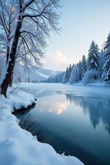 Stark Winter Sky Reflected in a Frozen Lake Icy Branches Reach Towards the Heavens, Evoking a Sense of Frigid Isolation and Stunning Natural Beauty.