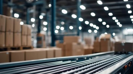 A box is on a conveyor belt in a warehouse. The box is brown and has a sticker on it - Powered by Adobe