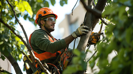 Arborist in climbing gear trims trees in a park. The worker is focused on cutting branches while secured with ropes. Green leaves surround the scene.