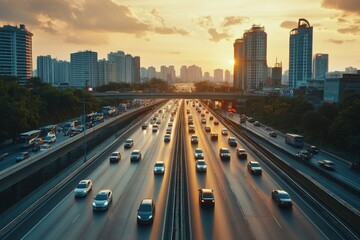traffic on highway at sunset
