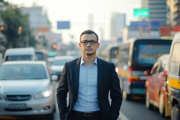man standing in the middle of traffic