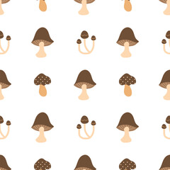 Brown mushrooms on a white background. Autumn seamless pattern for clothing, fabric, wallpaper, backdrop, home decoration, cover book, and wall art.