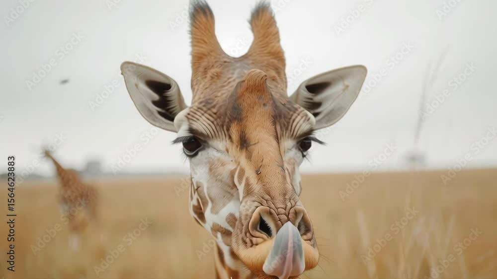 Poster a giraffe is looking at the camera in a field. the giraffe is the main focus of the image, and the f
