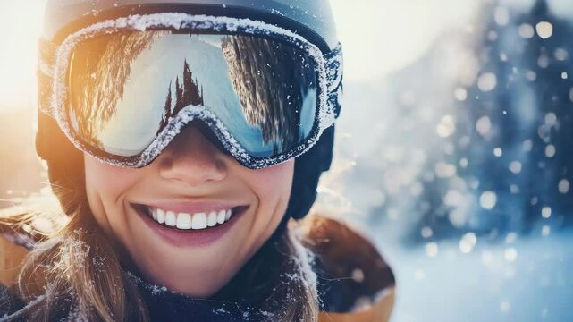 Smiling woman with ski goggles and helmet enjoying winter sport outdoors in cold snow and bright sunlight with snowflakes falling and mountain reflection visible in goggles lens