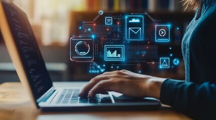 Person typing on a laptop with digital interface overlay showing data and communication icons floating above