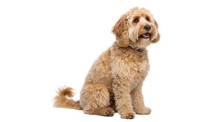 fluffy light brown curly fur dog sitting with frie isolated on transparent background  