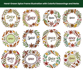 Colorful HandDrawn Spice Frame Illustrations with Seasonings and Herbs on White