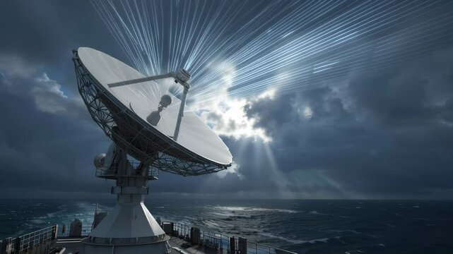 Large satellite dish mounted on a ship at sea, receiving data from space with light rays beaming down from cloudy sky, highlighting global communication and technology