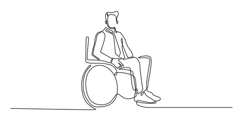 continuous line of business man sitting in wheelchair.one line drawing of man in suit working with wheelchair.single line vector illustration