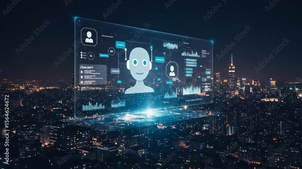 Poster futuristic ai interface displayed over a nighttime cityscape with data visualization