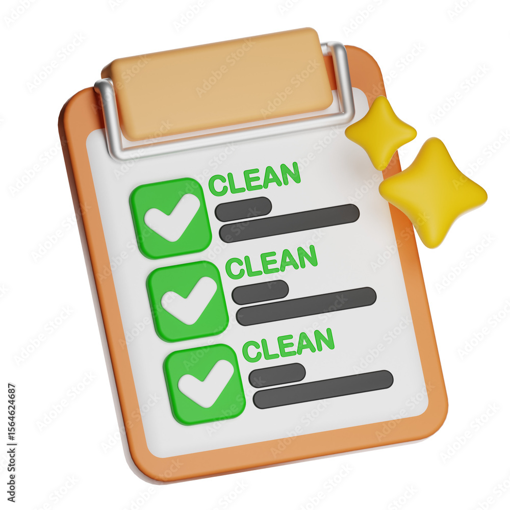 Poster clipboard showing clean checklist with check marks and stars on transparent background
