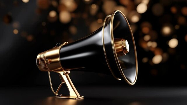 An elegant black and gold megaphone on a dark background, ready to amplify a message