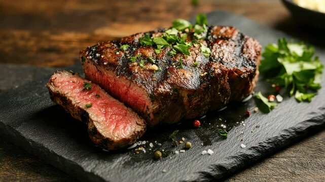 Grilled steak with herbs and spices black slate plate juicy medium rare beef cut cooked to perfection showcasing flavorful crust fresh green garnish and visible grill marks rustic wooden table