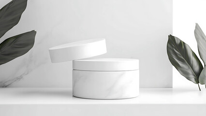 White marble Cylinder podium in white background. decor by monstera leaves and blank Brand product mockup scene stage for product, sale, banner, presentation, cosmetics, offer. 3d illustration

