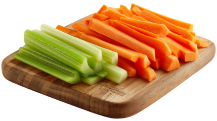 wooden cutting board holds neatly arranged sticks of celery and carrots, ready for snacking or healthy addition to meal. vibrant green and orange vegetables isolated on transparent background