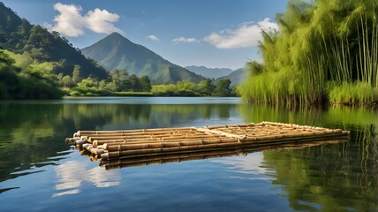 Peaceful Bamboo Raft Floating on Mountain Lake at Sunrise