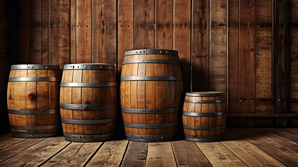 A collection of aged wooden barrels in varying sizes stands against a rustic wooden wall, evoking the warm, earthy atmosphere of a traditional distillery or wine cellar.
