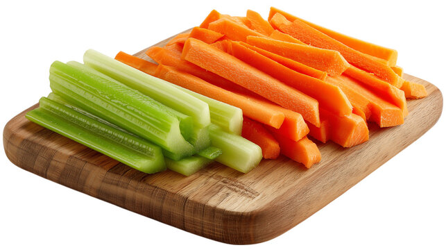 wooden cutting board holds neatly arranged sticks of celery and carrots, ready for snacking or healthy addition to meal. vibrant green and orange vegetables isolated on transparent background - Powered by Adobe
