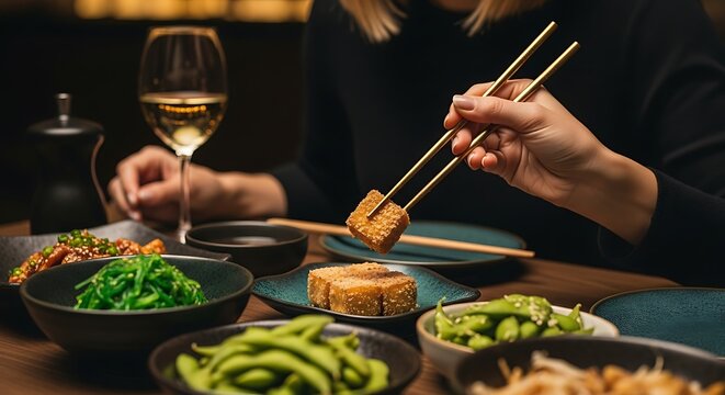 A Woman Uses Chopsticks To Pick Up A Piece Of Fried Tofu While Enjoying A Spread Of Asian Appetizers Like Edamame And Wakame Salad With A Glass Of White Wine, Asian Cuisine, Fine Dining Experience