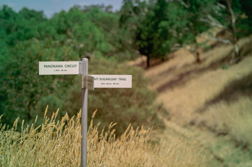 Trail sign in the mountains, Mount Sugarloaf, Camperdown, Victoria, Australia