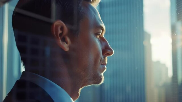 A man in a suit is looking out a window at the city. Concept of loneliness and contemplation, as the man stares out at the bustling city below