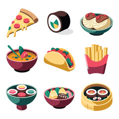 vector icons cooking food chef hat include a pizza slice, a sushi roll, spaghetti and meatballs, a curry bowl burger , fish 

