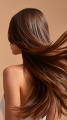 Naklejka premium Long flowing brunette hair with smooth texture and natural shine on woman back, elegant and healthy look