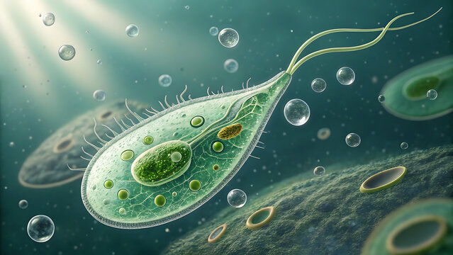 Illustration of euglena cell structure with flagellum and chloroplast for science education use