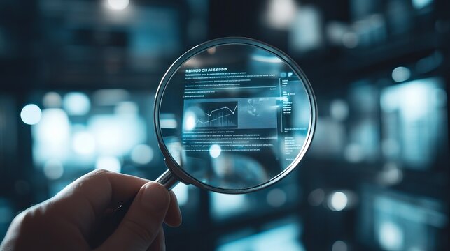 A hand holding a magnifying glass focusing on data and charts with a blurred background of screens