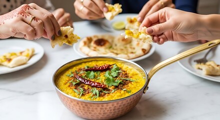 Group Of People Share An Indian Meal, Dipping Pieces Of Naan Bread Into A Copper Bowl Of Dal Tadka Garnished With Chilies And Cilantro, Communal Dining, Indian Cuisine, Sharing A Meal