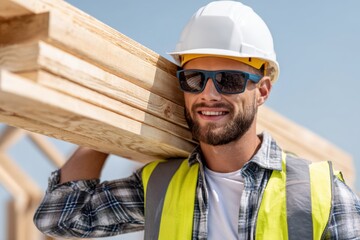 Construction worker carrying wooden planks, smiling confidently at building site.