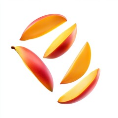 A vibrant display of five mango slices against a pristine white background, showcasing their colors