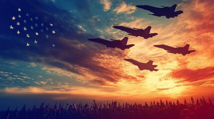 Patriotic Display: Fighter Jets Flying Over Crowd with American Flag Stars