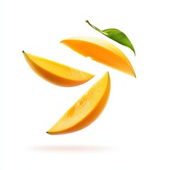 Three mango slices and a green leaf floating against a plain white background in studio lighting