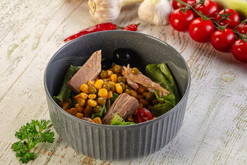 Dietary salad with canned tuna and corn