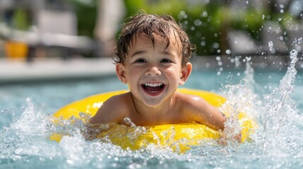 Smiling child playing in swimming pool with a float, water splashing around him as he laughs joyfully.