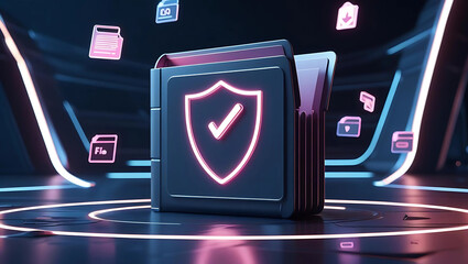 Cybersecurity Folder with Shield and Check, 3D Data Protection Visualization, Digital Privacy Lock Technology Concept, generative ai