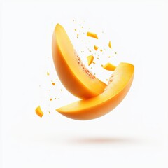 Two cantaloupe slices floating with small pieces around them on a plain white background studio shot