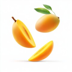 A still life of a whole mango with leaves and two mango slices on a white background in a studio shot