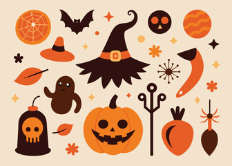 Whimsical Halloween Icon Collection with Pumpkins, Witch Hat, and Bats – Flat Vector Design