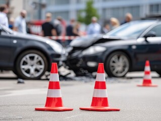 Two orange traffic cones mark a recent car accident, blurred onlookers and damaged vehicles visible in the background.